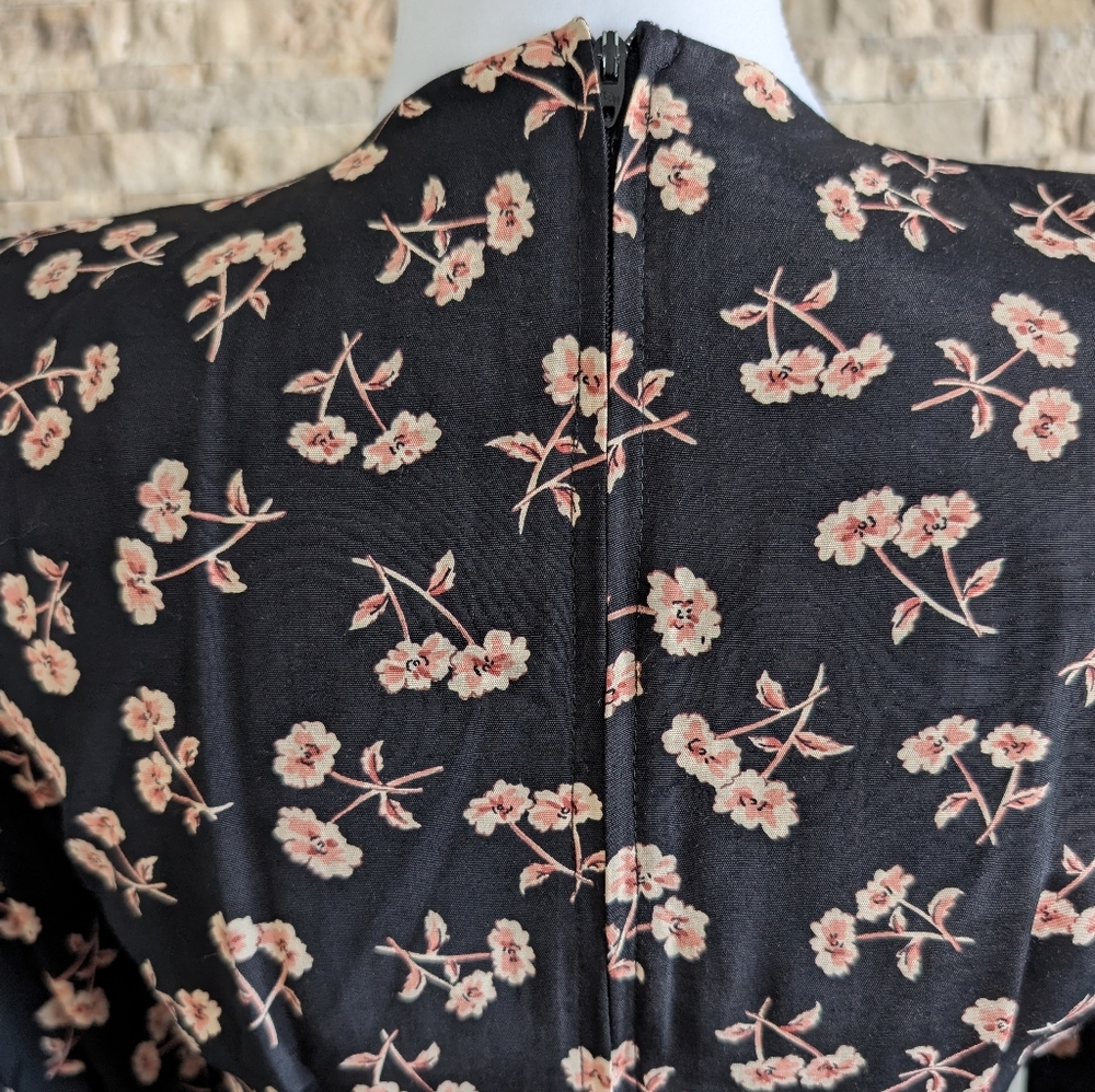Vintage 90s Black Floral Dress Shoulder Pads Ruffle Slit Button Detail Sz 2 image 8